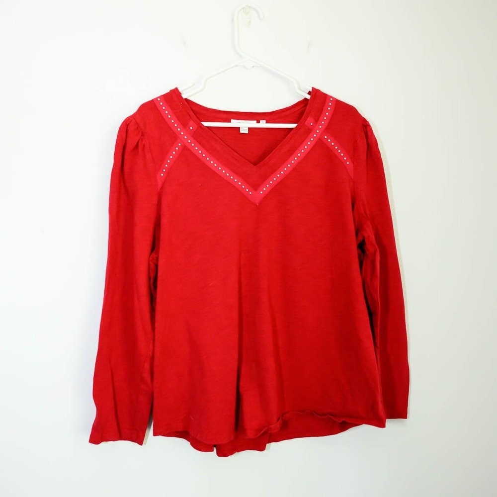 Chicos Red Slub Knit V-Neck Studded Long Sleeve Top Size 4 XXL